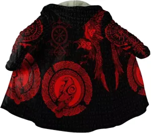 Fenrir Wolf Viking Tattoo Winter Warm Cashmere Coat, Men's Hooded Cloak Parka, Mid-Length Bathrobe Robe, Horn Buckle Jacket