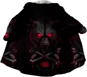 Fenrir Wolf Viking Tattoo Winter Warm Cashmere Coat, Men's Hooded Cloak Parka, Mid-Length Bathrobe Robe, Horn Buckle Jacket