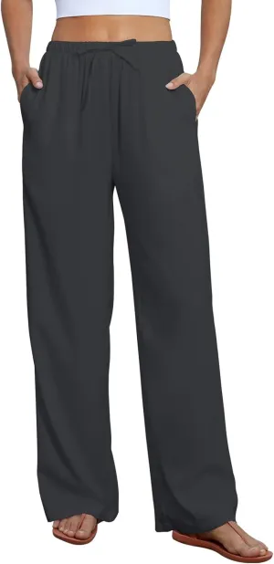 FireSwan Womens Linen Pants Summer Wide Leg Palazzo Pants with Pockets High Waisted Flowy Beach Trousers