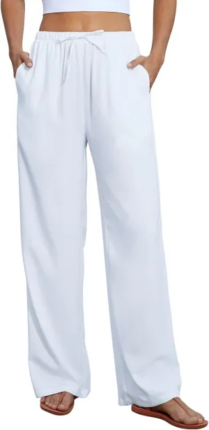 FireSwan Womens Linen Pants Summer Wide Leg Palazzo Pants with Pockets High Waisted Flowy Beach Trousers