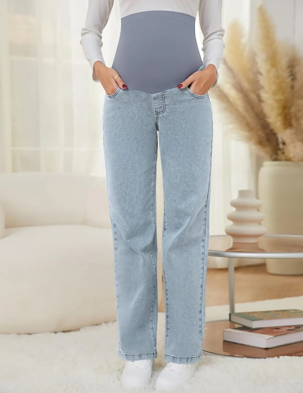fitglam Women's Maternity Jeans Straight Leg Relaxed Fit Over Belly Pregnancy Denim Work Pants Maternity Clothes with Pockets