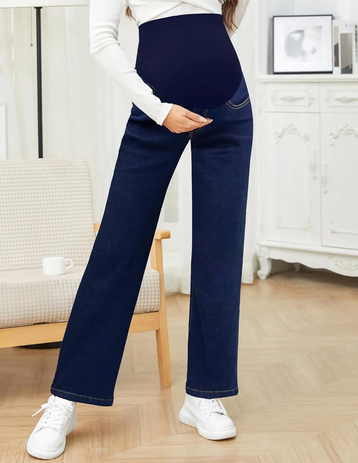 fitglam Women's Maternity Jeans Straight Leg Relaxed Fit Over Belly Pregnancy Denim Work Pants Maternity Clothes with Pockets