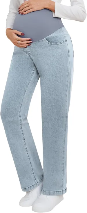 fitglam Women's Maternity Jeans Straight Leg Relaxed Fit Over Belly Pregnancy Denim Work Pants Maternity Clothes with Pockets