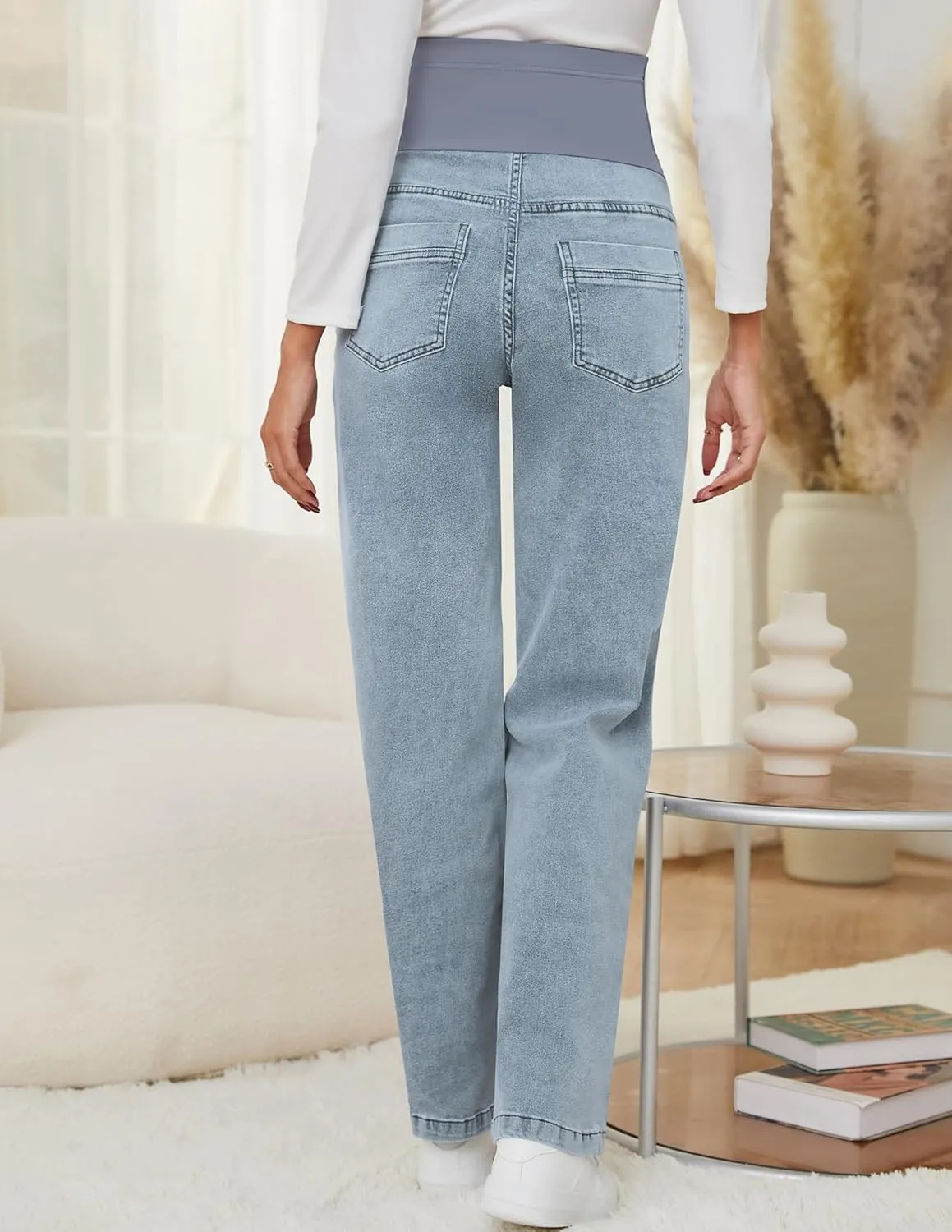 fitglam Women's Maternity Jeans Straight Leg Relaxed Fit Over Belly Pregnancy Denim Work Pants Maternity Clothes with Pockets