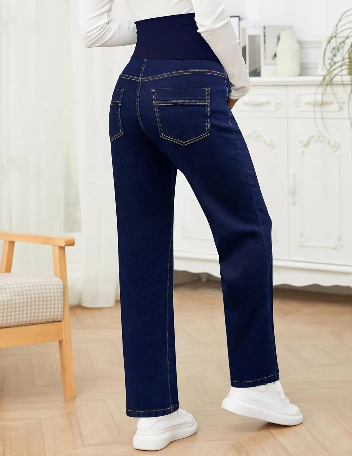 fitglam Women's Maternity Jeans Straight Leg Relaxed Fit Over Belly Pregnancy Denim Work Pants Maternity Clothes with Pockets
