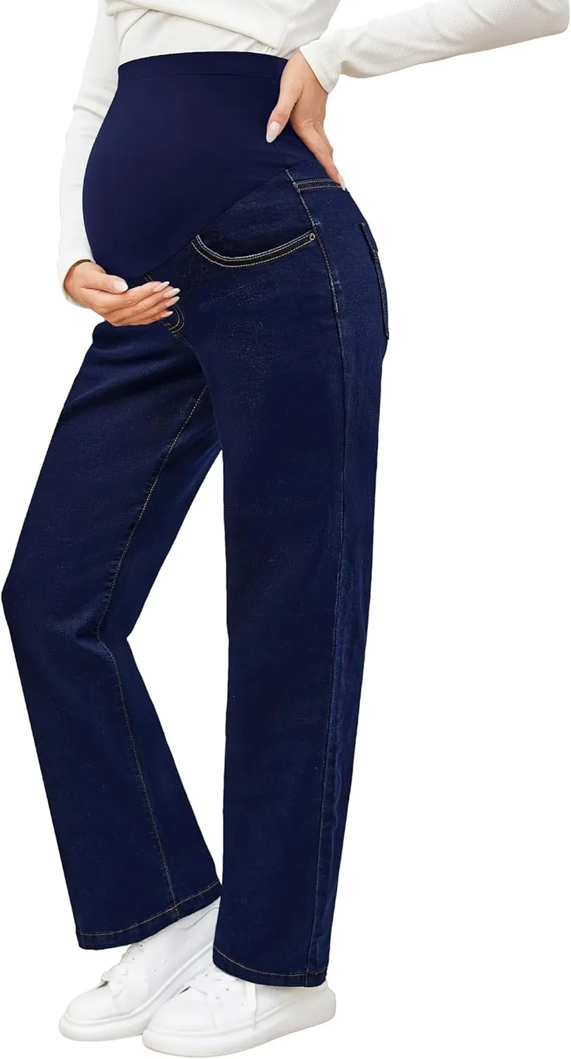 fitglam Women's Maternity Jeans Straight Leg Relaxed Fit Over Belly Pregnancy Denim Work Pants Maternity Clothes with Pockets
