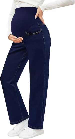 fitglam Women's Maternity Jeans Straight Leg Relaxed Fit Over Belly Pregnancy Denim Work Pants Maternity Clothes with Pockets