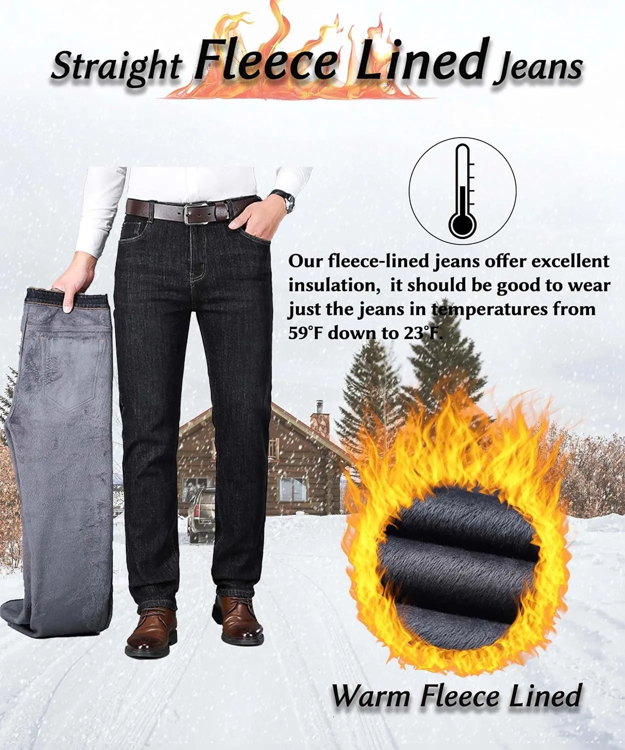 Fleece Lined Jeans for Men Stretch Winter Thermal Pants Business Casual Straight