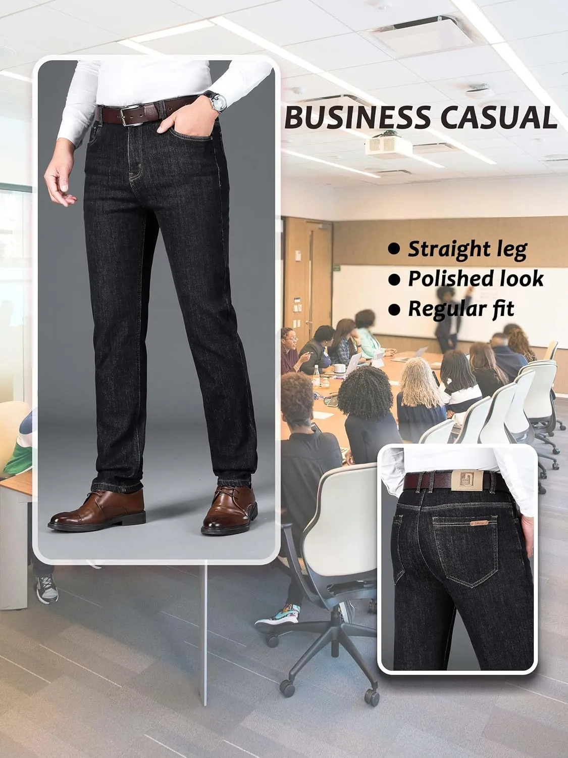 Fleece Lined Jeans for Men Stretch Winter Thermal Pants Business Casual Straight
