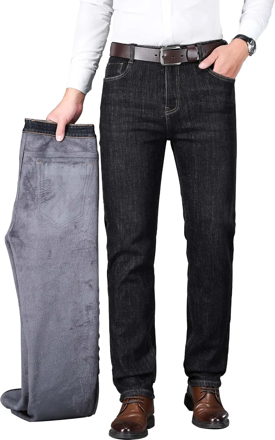 Fleece Lined Jeans for Men Stretch Winter Thermal Pants Business Casual Straight