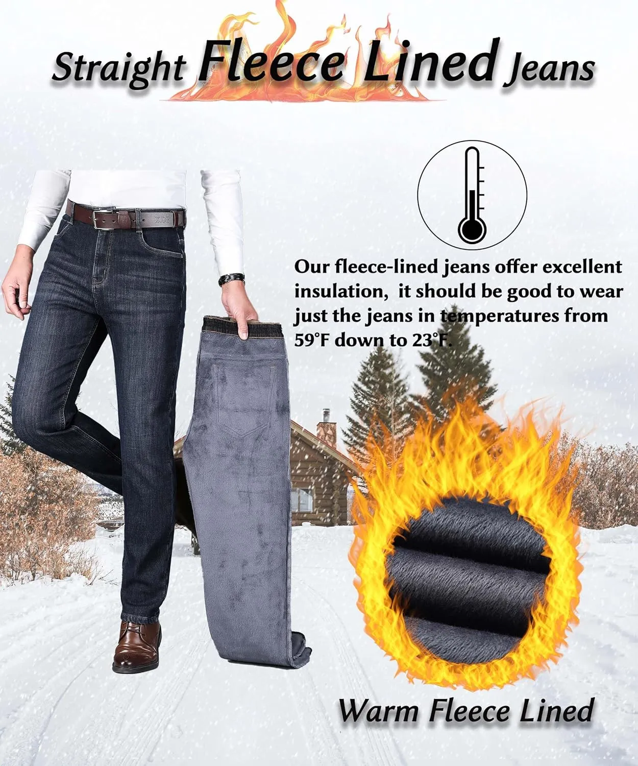 Fleece Lined Jeans for Men Stretch Winter Thermal Pants Business Casual Straight