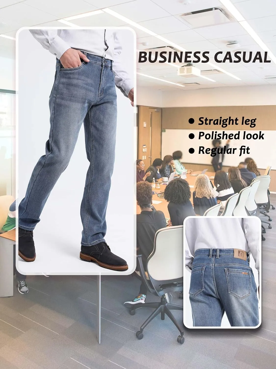 Fleece Lined Jeans for Men Stretch Winter Thermal Pants Business Casual Straight
