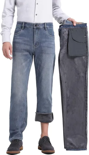 Fleece Lined Jeans for Men Stretch Winter Thermal Pants Business Casual Straight