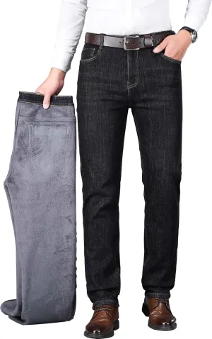 Fleece Lined Jeans for Men Stretch Winter Thermal Pants Business Casual Straight