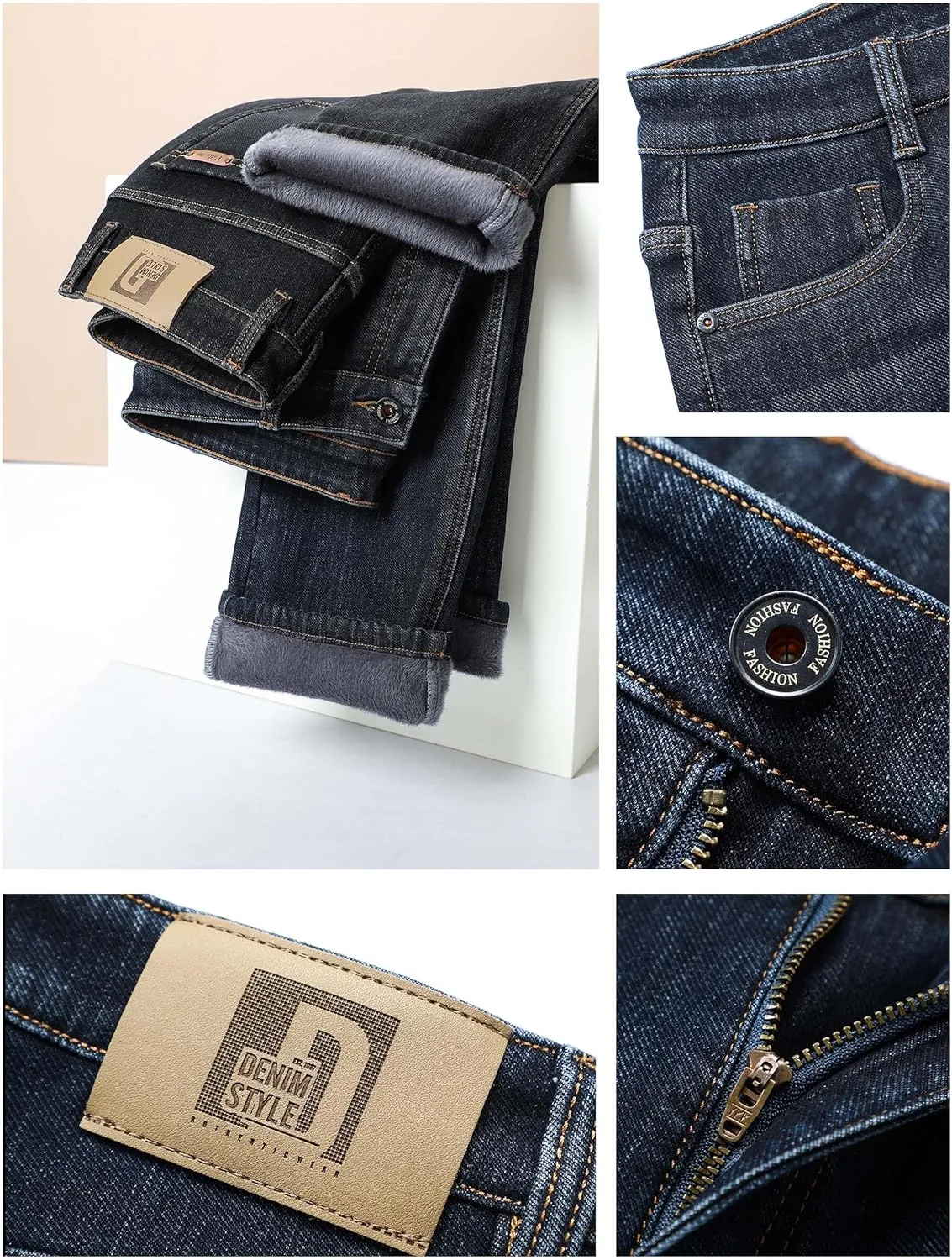 Fleece Lined Jeans for Men Stretch Winter Thermal Pants Business Casual Straight