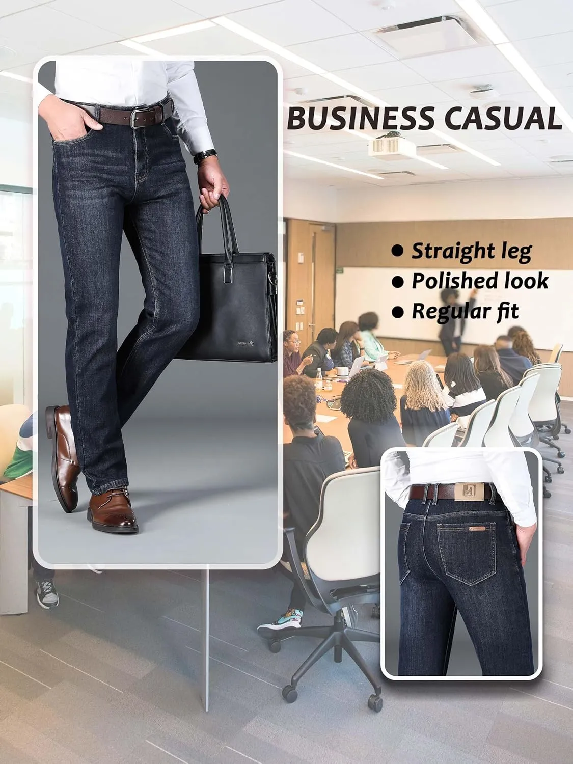 Fleece Lined Jeans for Men Stretch Winter Thermal Pants Business Casual Straight