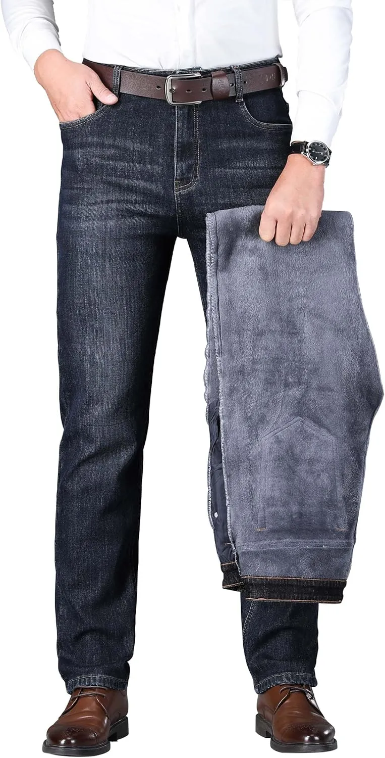 Fleece Lined Jeans for Men Stretch Winter Thermal Pants Business Casual Straight