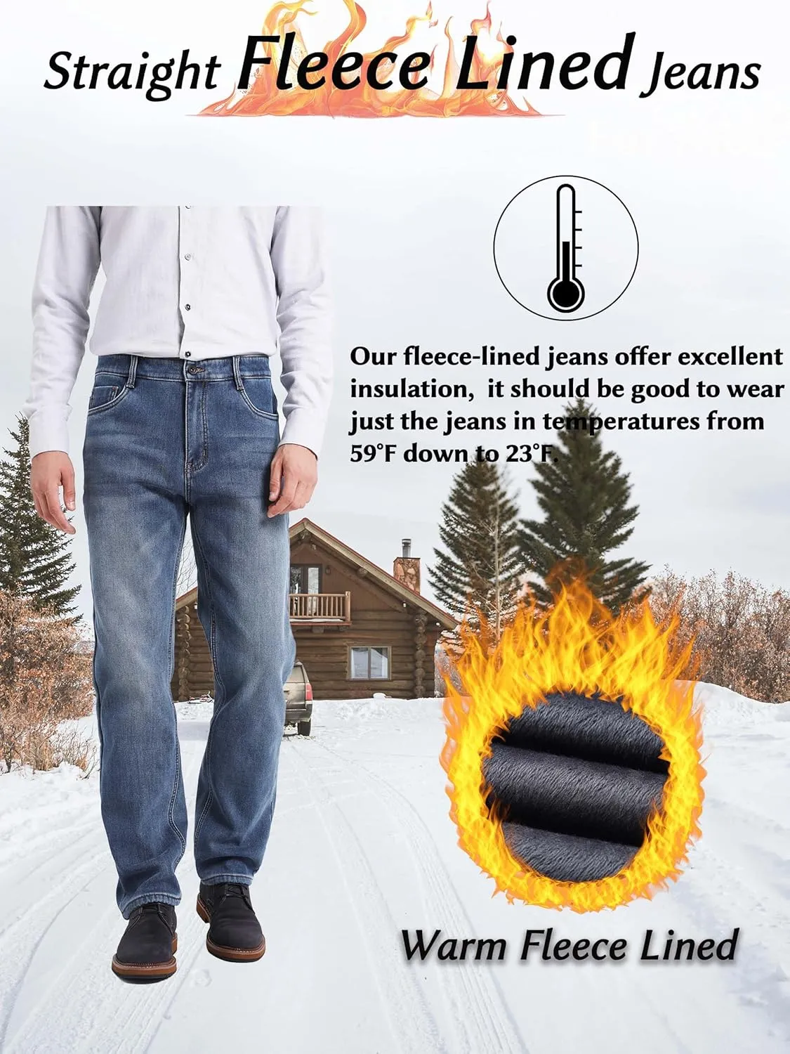 Fleece Lined Jeans for Men Stretch Winter Thermal Pants Business Casual Straight