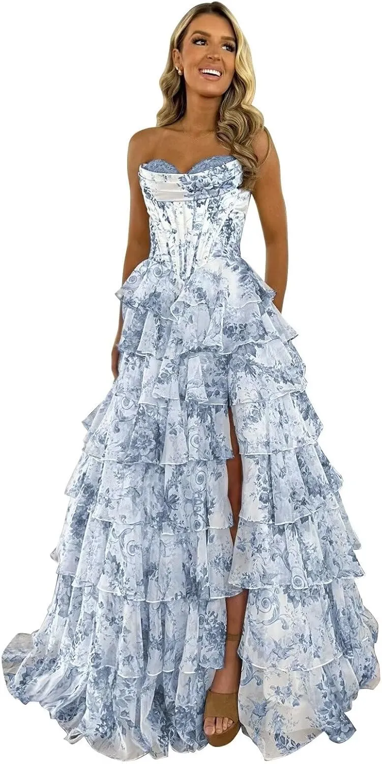 Floral Tiered Prom Dress Chiffon Strapless Prom Dresses Long Corset Ruffle Formal Evening Gowns with Slit
