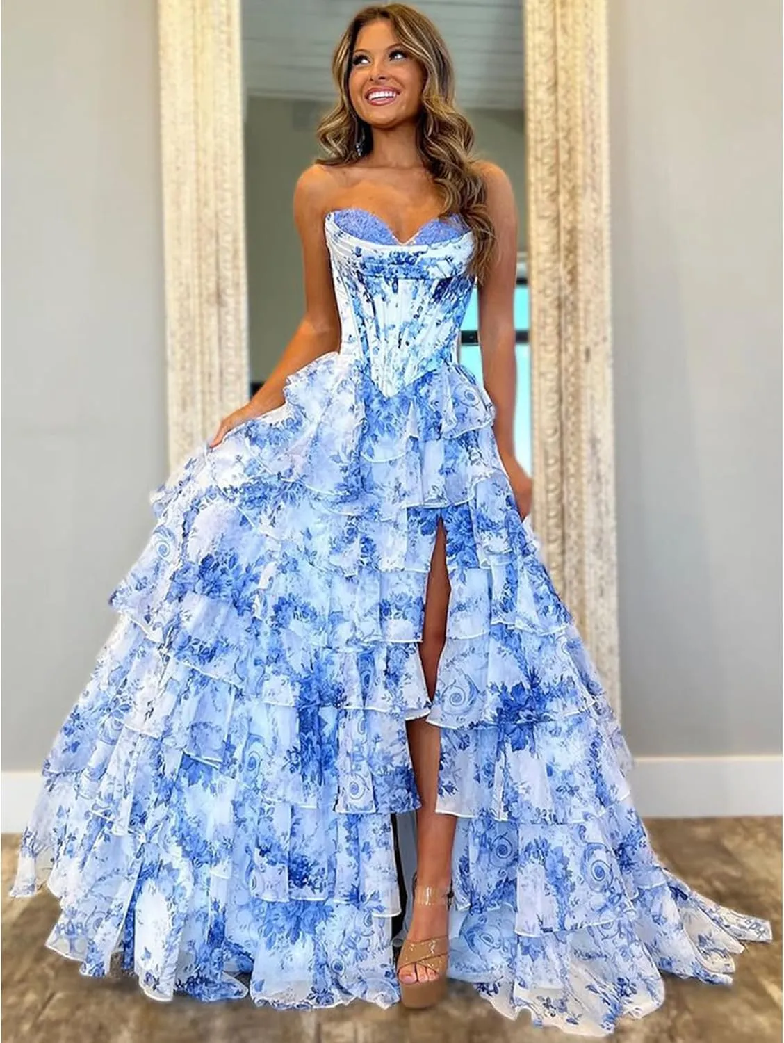 Floral Tiered Prom Dress Chiffon Strapless Prom Dresses Long Corset Ruffle Formal Evening Gowns with Slit