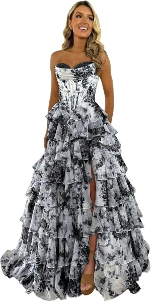 Floral Tiered Prom Dress Chiffon Strapless Prom Dresses Long Corset Ruffle Formal Evening Gowns with Slit