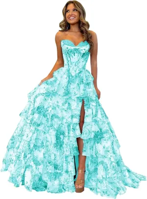 Floral Tiered Prom Dress Chiffon Strapless Prom Dresses Long Corset Ruffle Formal Evening Gowns with Slit