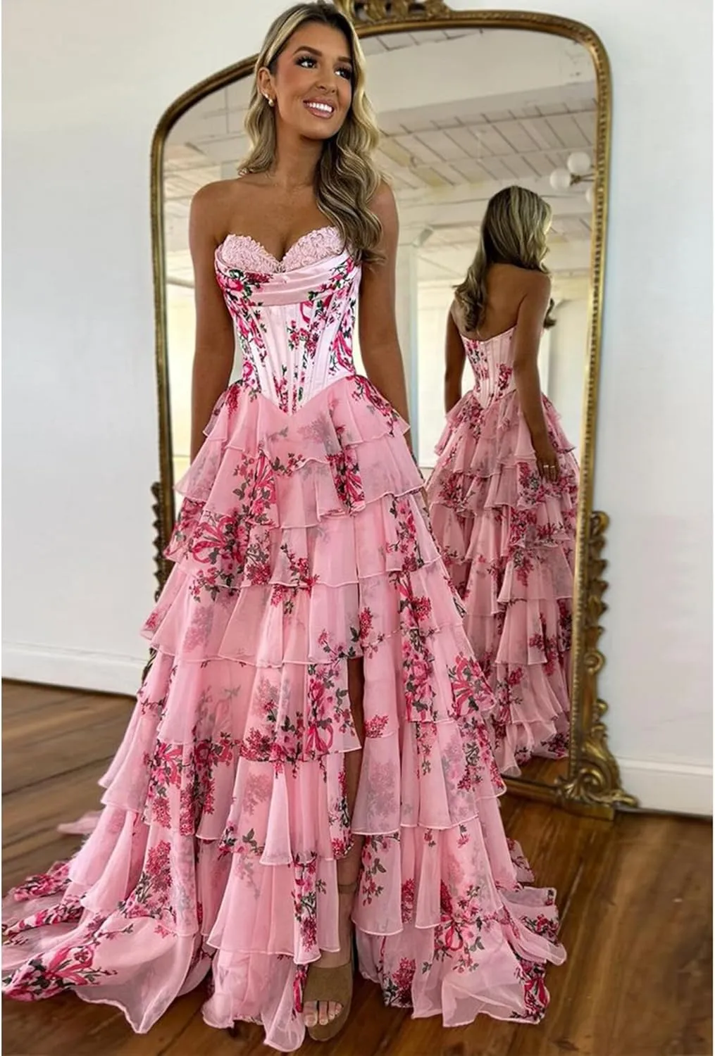 Floral Tiered Prom Dress Chiffon Strapless Prom Dresses Long Corset Ruffle Formal Evening Gowns with Slit