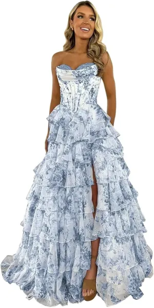Floral Tiered Prom Dress Chiffon Strapless Prom Dresses Long Corset Ruffle Formal Evening Gowns with Slit