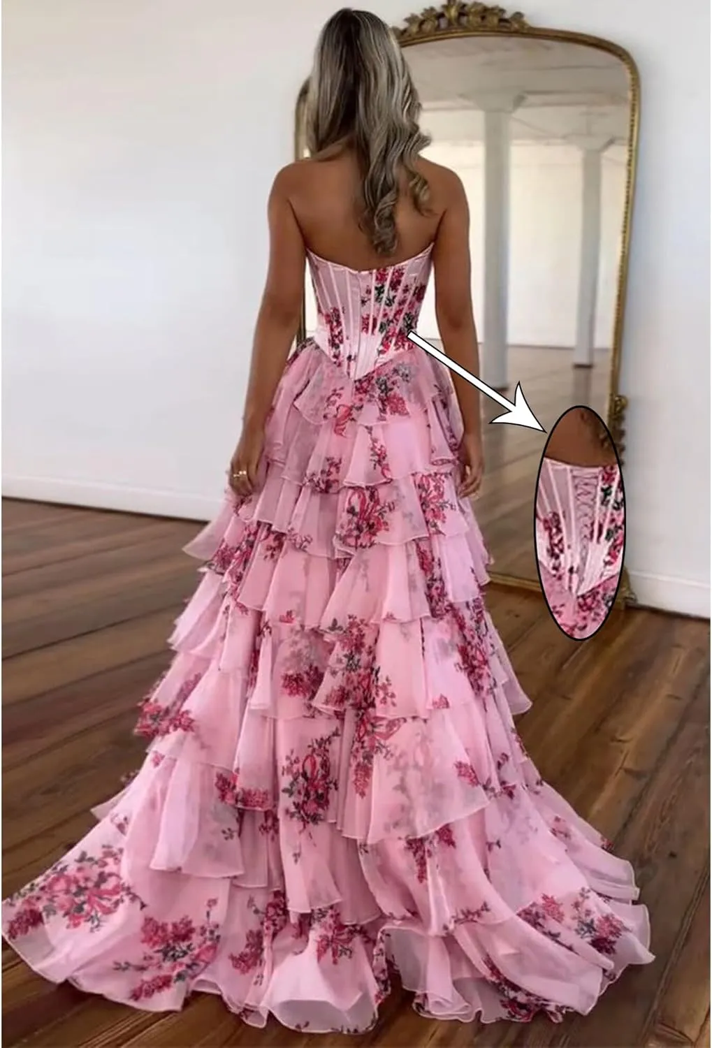 Floral Tiered Prom Dress Chiffon Strapless Prom Dresses Long Corset Ruffle Formal Evening Gowns with Slit