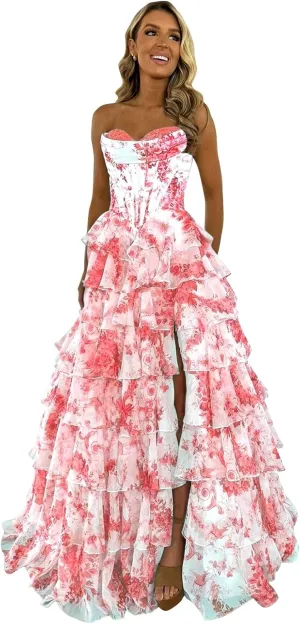 Floral Tiered Prom Dress Chiffon Strapless Prom Dresses Long Corset Ruffle Formal Evening Gowns with Slit
