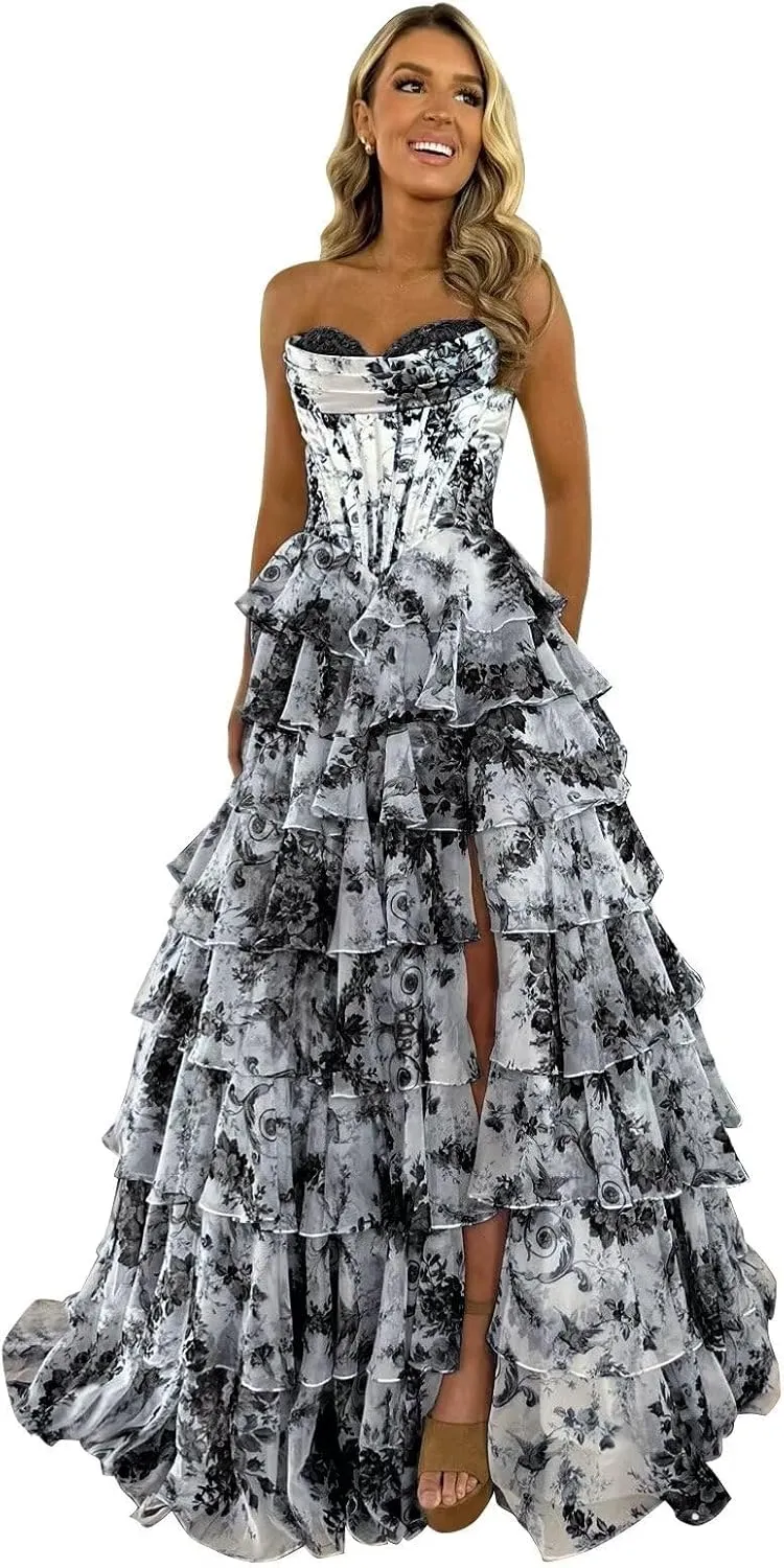 Floral Tiered Prom Dress Chiffon Strapless Prom Dresses Long Corset Ruffle Formal Evening Gowns with Slit