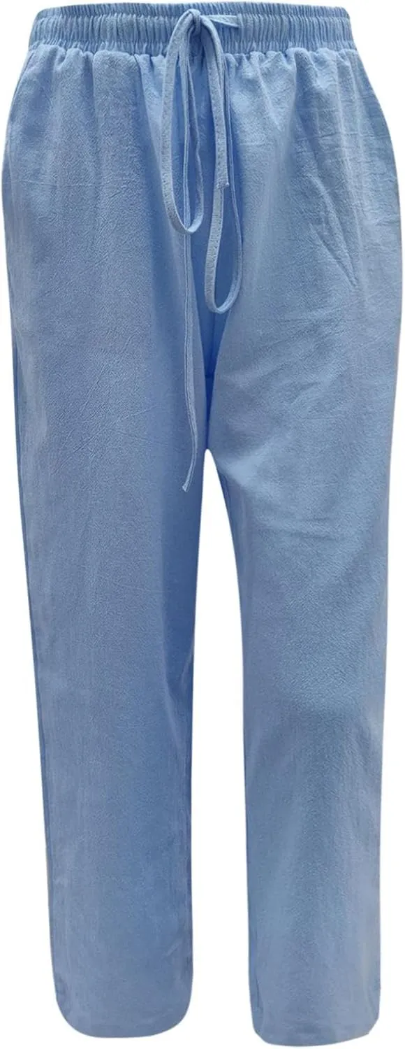 Flowy Women Linen Pants Casual Loose High Waist Trousers Boho Loose Cropped Beach Pants Summer Slacks 2025 Trendy