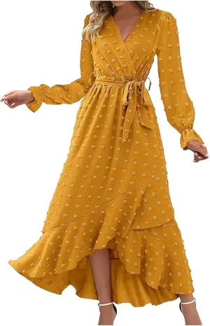 Formal Dresses for Women 2024 Elegant Sexy Long Sleeve Wrap V Neck Bohemian Dress Causal Tie Waist Asymmetrical Dress