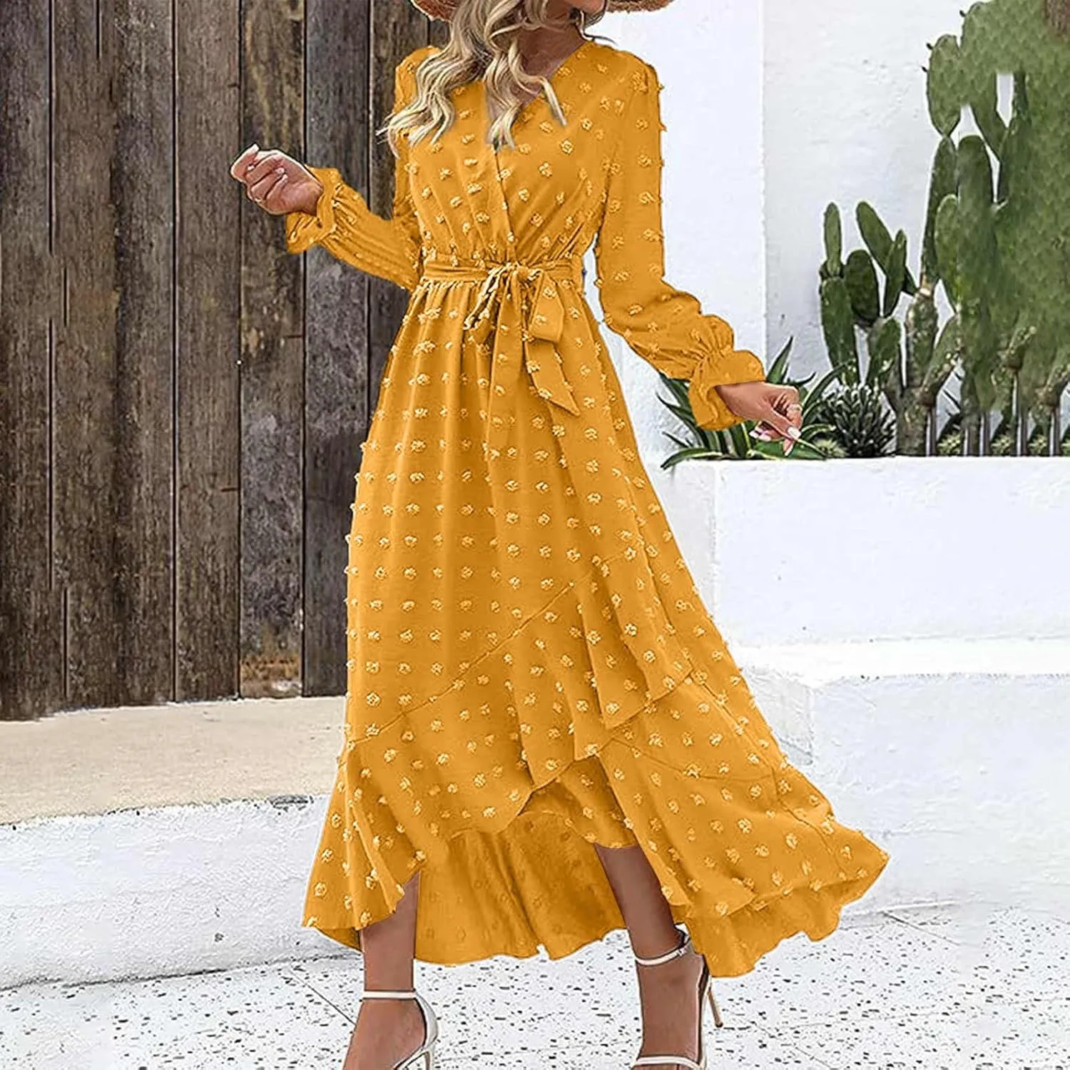 Formal Dresses for Women 2024 Elegant Sexy Long Sleeve Wrap V Neck Bohemian Dress Causal Tie Waist Asymmetrical Dress