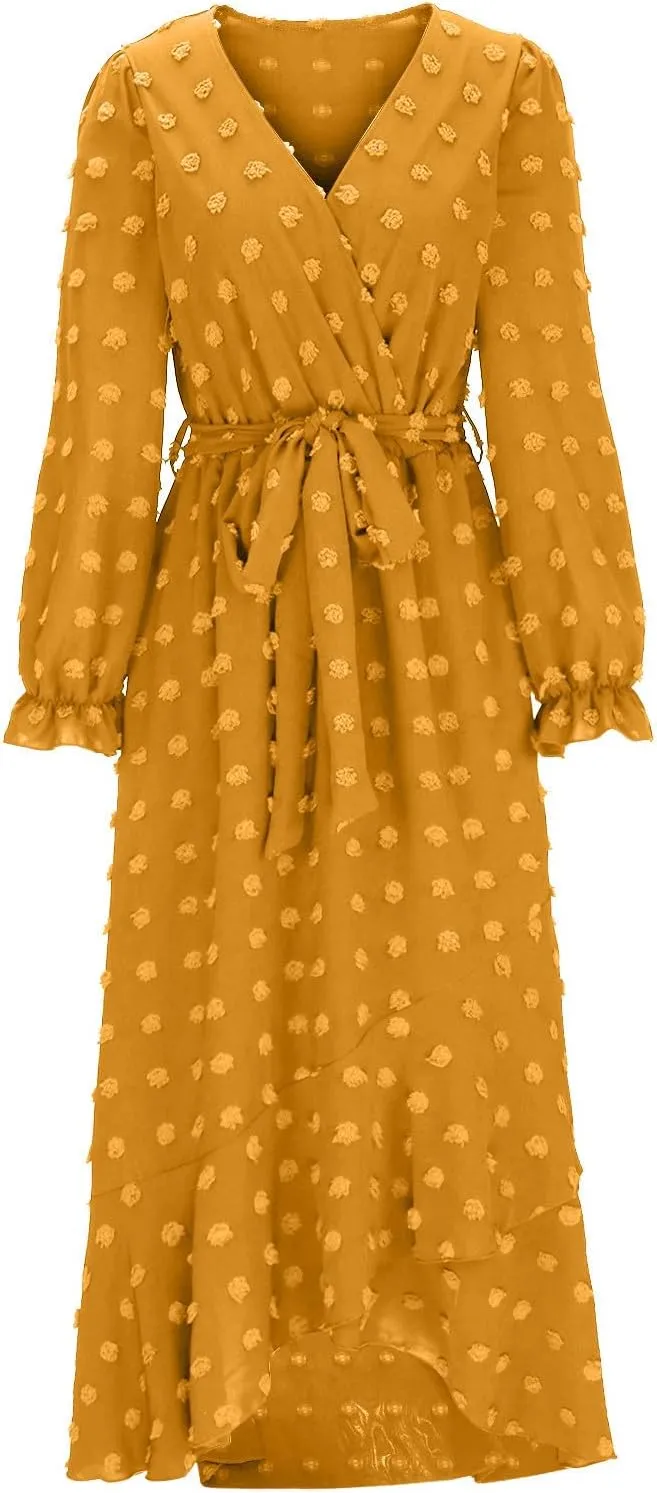 Formal Dresses for Women 2024 Elegant Sexy Long Sleeve Wrap V Neck Bohemian Dress Causal Tie Waist Asymmetrical Dress