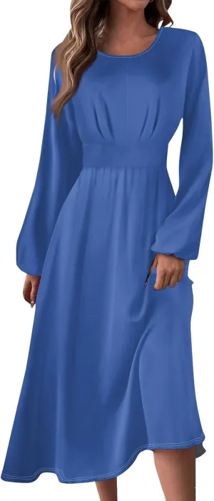 Formal Long Sleeve Midi Dress for Women Trendy Plus Size A Line Dress Casual Flowy Elegant Floral Smocked Dress