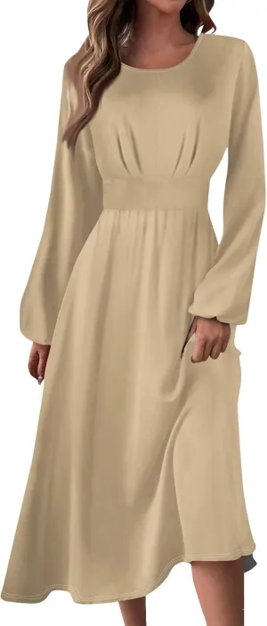 Formal Long Sleeve Midi Dress for Women Trendy Plus Size A Line Dress Casual Flowy Elegant Floral Smocked Dress