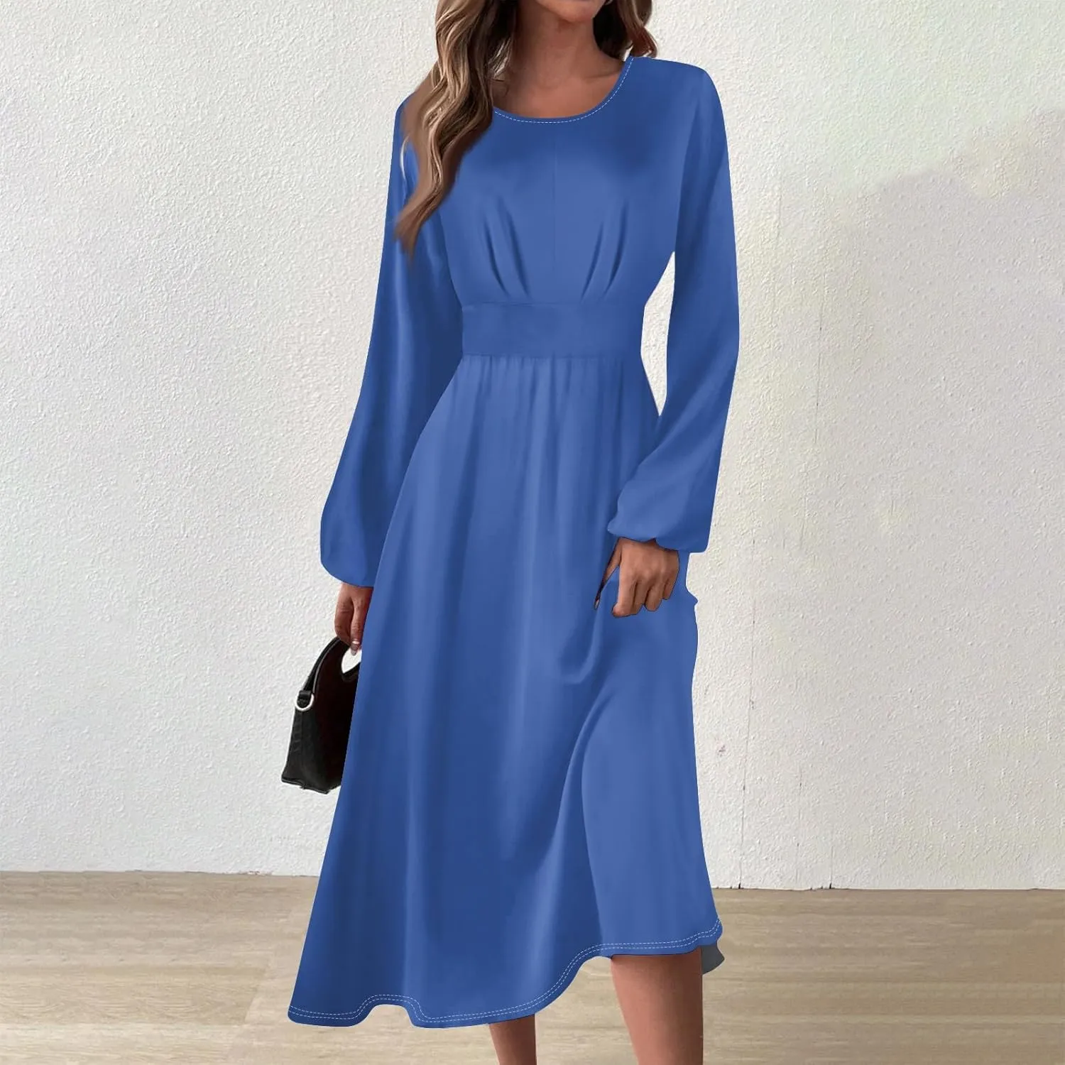 Formal Long Sleeve Midi Dress for Women Trendy Plus Size A Line Dress Casual Flowy Elegant Floral Smocked Dress