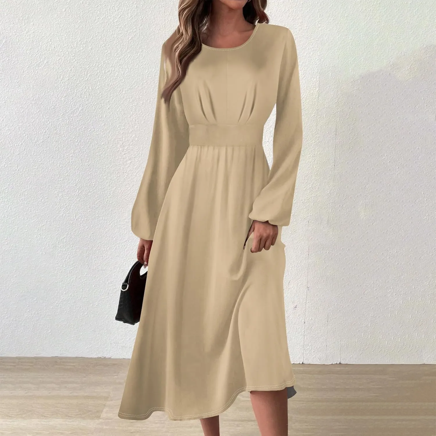 Formal Long Sleeve Midi Dress for Women Trendy Plus Size A Line Dress Casual Flowy Elegant Floral Smocked Dress
