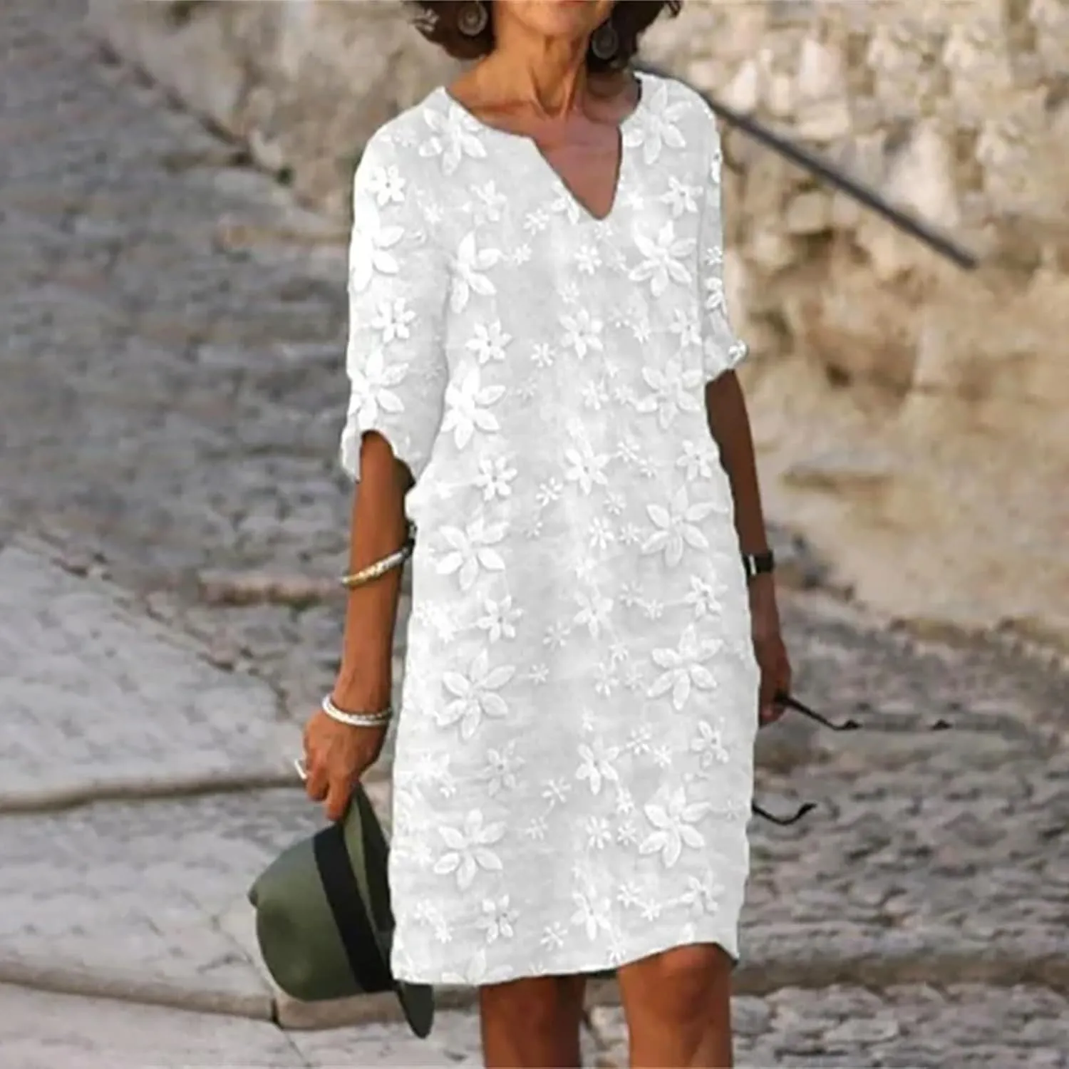 Formal Summer Trendy Embroidered Dress for Women Casual Sexy V Neck Midi Dress Elegant Plus Size Knee Length Dress
