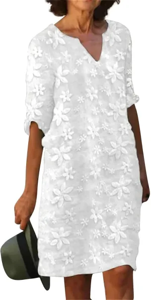 Formal Summer Trendy Embroidered Dress for Women Casual Sexy V Neck Midi Dress Elegant Plus Size Knee Length Dress