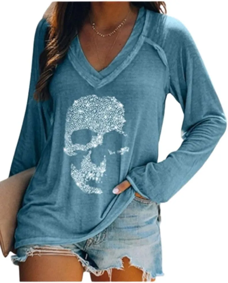 Fronage Womens Rhinestone Skull Tank Tops Long Short Sleeve Summer V Neck Sleeveless Shirts