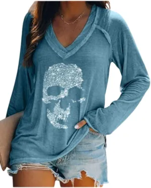 Fronage Womens Rhinestone Skull Tank Tops Long Short Sleeve Summer V Neck Sleeveless Shirts