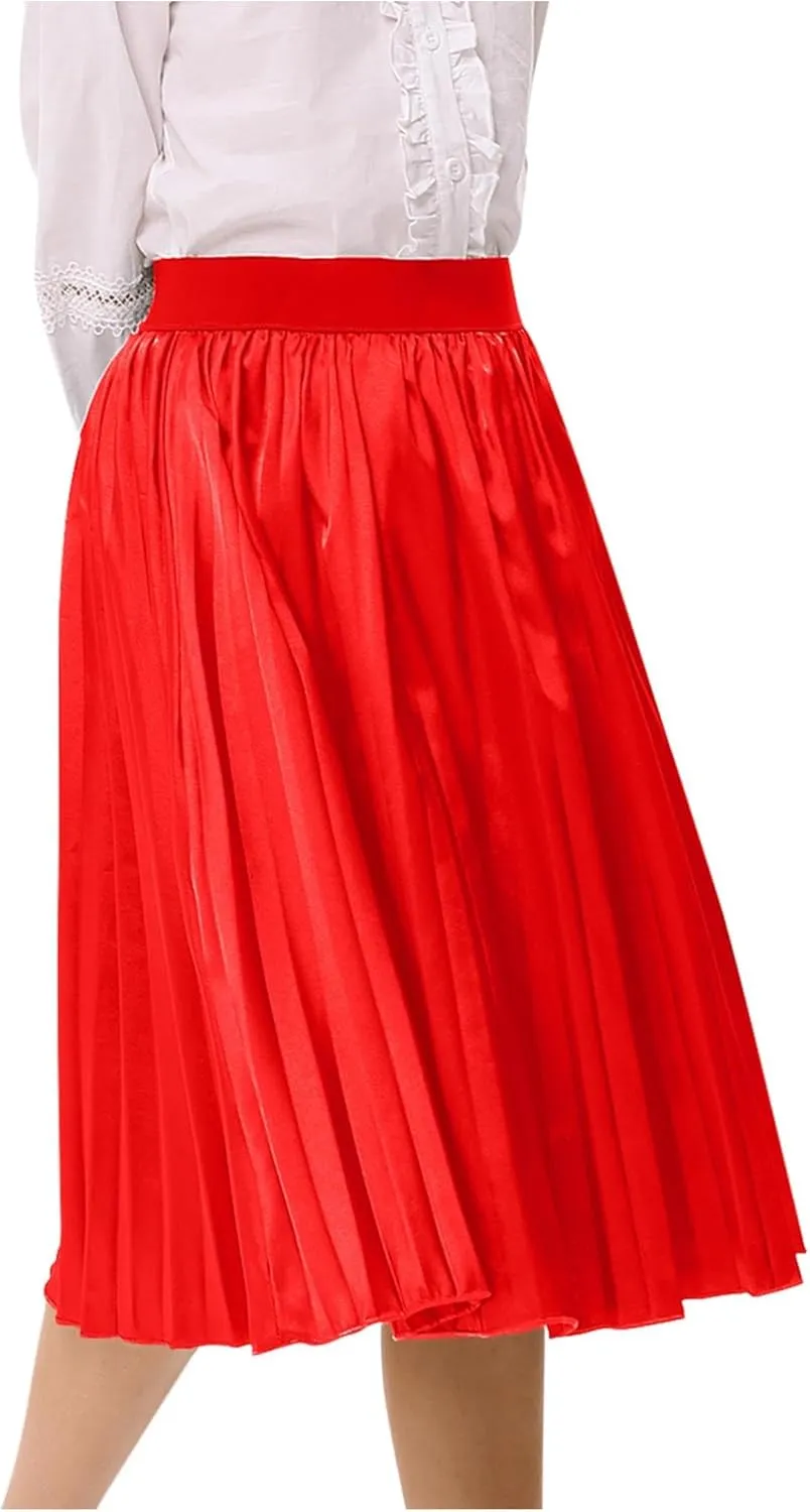 Girls Pink Shiny Elastic High Waist Pleated A-Line Swing Long Fall Skirt 7-8Y