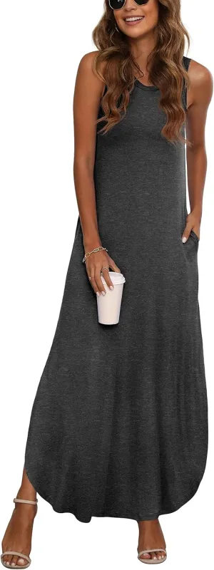 GRECERELLE Women's Summer Sleeveless Casual Long Dresses Split Maxi Dress with Pockets