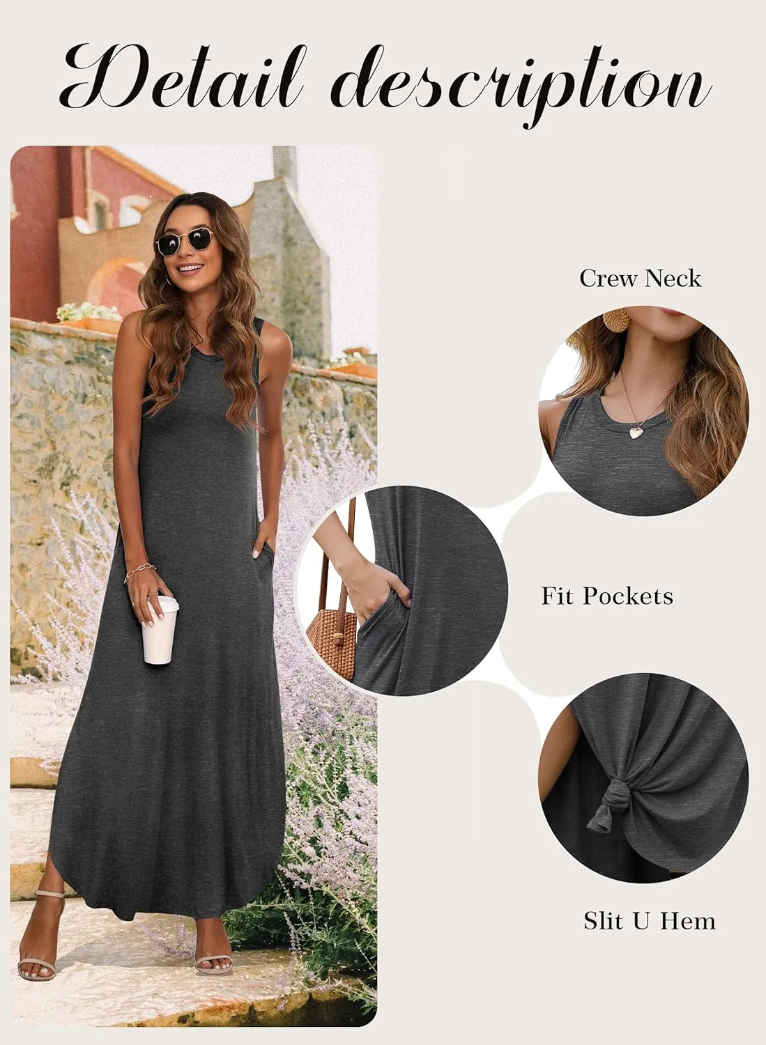 GRECERELLE Women's Summer Sleeveless Casual Long Dresses Split Maxi Dress with Pockets