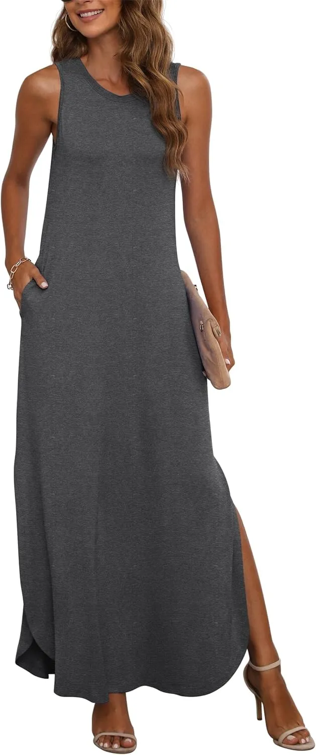 GRECERELLE Women's Summer Sleeveless Casual Long Dresses Split Maxi Dress with Pockets