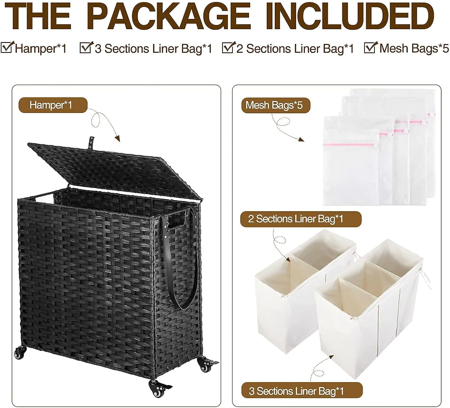 Greenstell Laundry Hamper with Wheels&Lid, 130L Large 3 Sections Clothes Hamper with 2 Types Removable Liner Bags, 5 Mesh Laundry Bags, Handwoven Divided Laundry Basket Black
