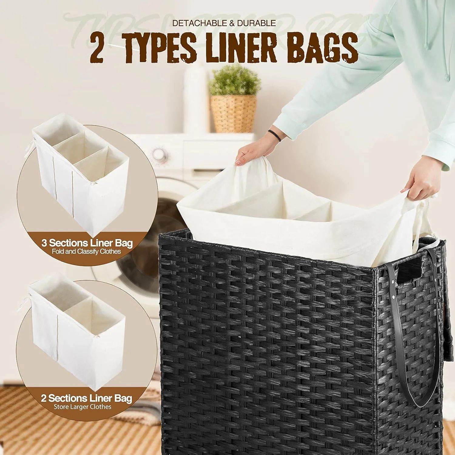 Greenstell Laundry Hamper with Wheels&Lid, 130L Large 3 Sections Clothes Hamper with 2 Types Removable Liner Bags, 5 Mesh Laundry Bags, Handwoven Divided Laundry Basket Black