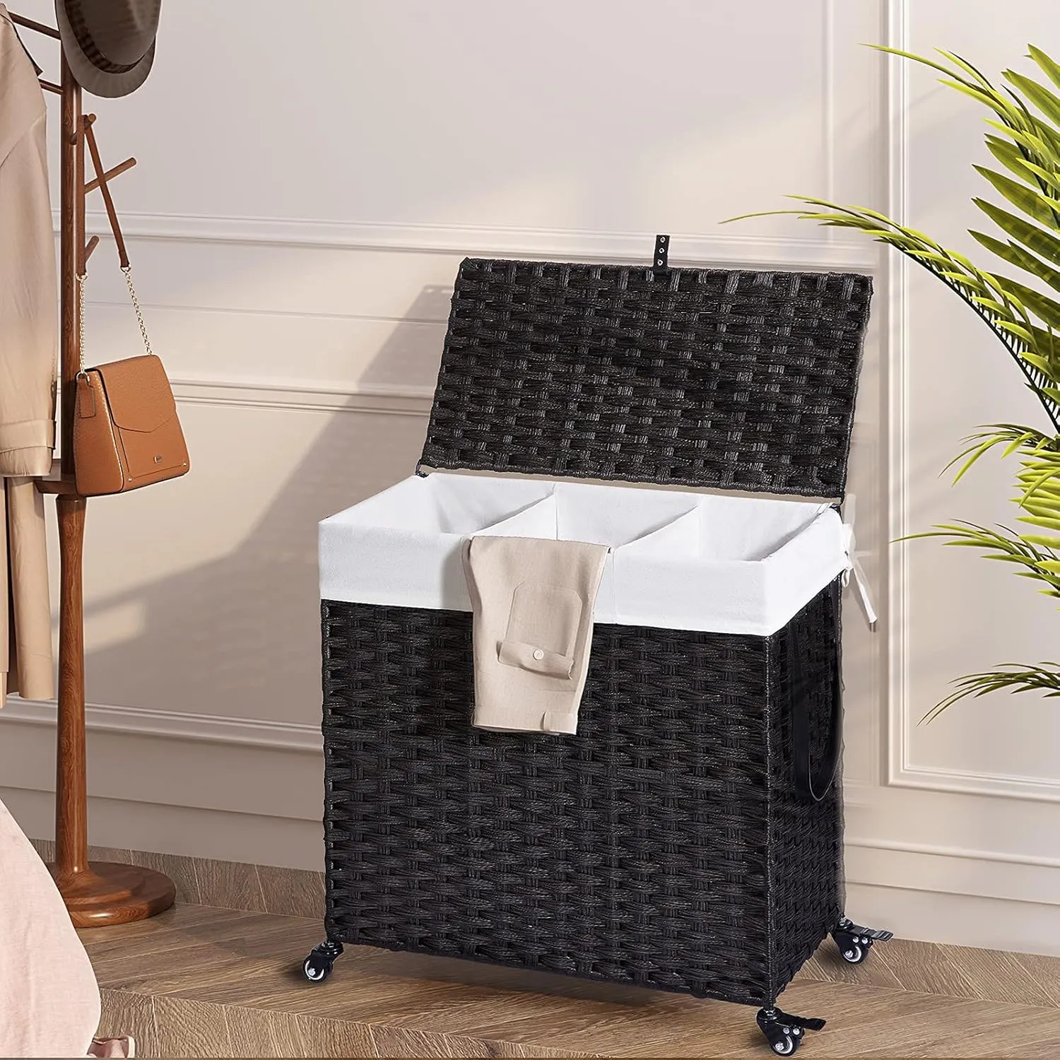 Greenstell Laundry Hamper with Wheels&Lid, 130L Large 3 Sections Clothes Hamper with 2 Types Removable Liner Bags, 5 Mesh Laundry Bags, Handwoven Divided Laundry Basket Black
